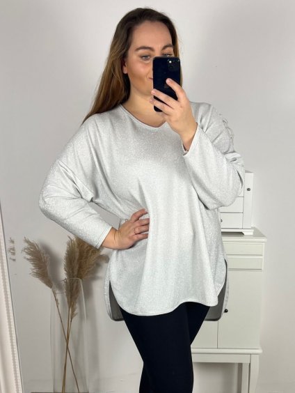 Tunika třpytivá dlouhý rukáv dámská nadrozměr (3XL/4XL ONE SIZE) ITALSKÁ MÓDA IMWQ23LEILA/DUR (Velikost 3XL/4XL, Barva bílá)