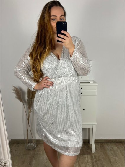 Šaty společenské flitrové dlouhý rukáv dámské nadrozměr  (3XL/4XL ONE SIZE) ITALSKÁ MÓDA IMWQ23150/DUR (Velikost 3XL/4XL, Barva bílá)