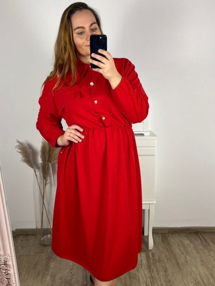 Šaty košilové dlouhý rukáv dámské nadrozměr (3XL/4XL ONE SIZE) ITALSKÁ MÓDA IMWQ23182/DU (Velikost 3XL/4XL, Barva červená)