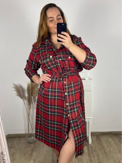 Šaty košilové dlouhý rukáv dámské nadrozměr (3XL/4XL ONE SIZE) ITALSKÁ MÓDA IMWQ231160/DUR (Velikost 3XL/4XL, Barva červená)