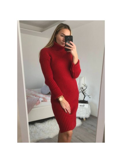 Šaty dlouhé pletené s rolákem dlouhý rukáv dámské (S/M/L ONE SIZE) ITALSKá MóDA IM4212363/DR (Velikost S/M/L, Barva červená)