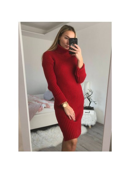 Šaty dlouhé pletené s rolákem dlouhý rukáv dámské (S/M/L ONE SIZE) ITALSKá MóDA IM4212363/DR (Velikost S/M/L, Barva červená)