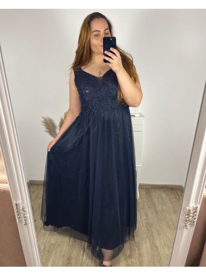 Šaty dlouhé společenské na ramínka dámské nadrozměr (L/XL/2XLNE SIZE) ITALSKÁ MÓDA IMPSH23L676/DR (Velikost XL/2XL, Barva tmavě modrá)