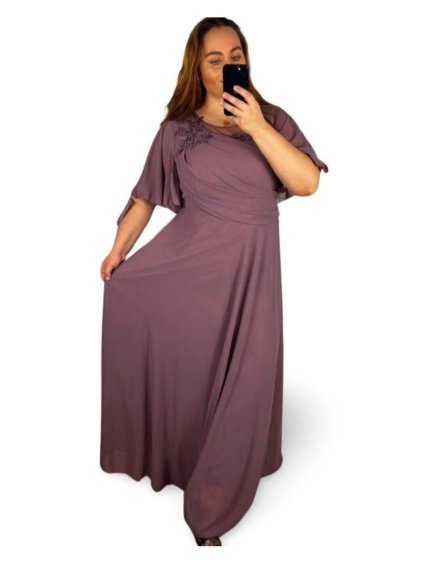 Šaty plesové dlouhé elegantní společenské krátký rukáv dámské nadrozměr (XL/2XL ONE SIZE) ITALSKÁ MÓDA IMM2380736PL/DR (Velikost XL/2XL, Barva fialová)