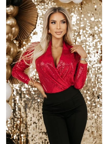 Body flitrové dlouhý rukáv dámské (S/M ONE SIZE) ITALSKá MóDA IMM23M31071/DU (Velikost S/M/L, Barva červená)