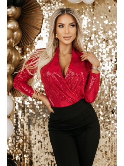 Body flitrové dlouhý rukáv dámské (S/M ONE SIZE) ITALSKá MóDA IMM23M31071/DU (Velikost S/M/L, Barva červená)