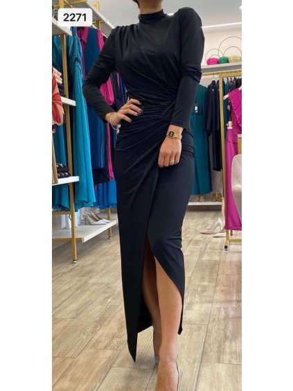 Šaty dlouhé společenské dlouhý rukáv dámské (S/M ONE SIZE) ITALSKÁ MODA IMM23M2271/DUR (Velikost S/M/L, Barva Černá)