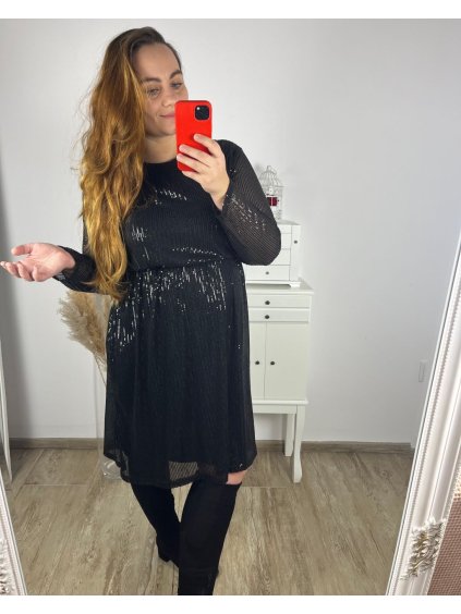 Šaty společenské flitrové dlouhý rukáv dámské nadrozměr  (3XL/4XL ONE SIZE) ITALSKÁ MÓDA IMWQ23169/DUR (Velikost 3XL/4XL, Barva Černá)