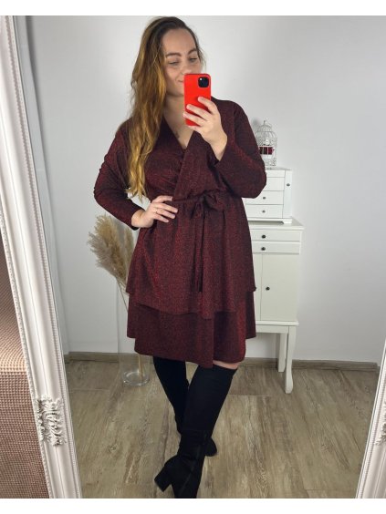 Šaty společenské třpytivé dlouhý rukáv dámské nadrozměr  (3XL/4XL ONE SIZE) ITALSKÁ MÓDA IMWQ23221/DUR (Velikost 3XL/4XL, Barva vínová)