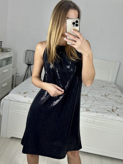Šaty elegantní třpytivé s flitry bez rukávu dámské (S/M ONE SIZE) ITALSKá MóDA IMM23M84269/DUR (Velikost S/M/L, Barva Černá)