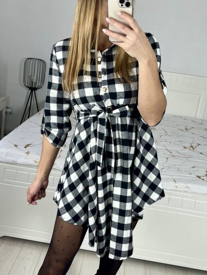 Šaty košilové dlouhý rukáv dámské (S/M ONE SIZE) ITALSKÁ MÓDA IMC23468/DU (Velikost S/M/L, Barva Černo-bílá)