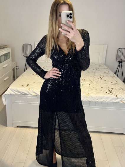 Šaty dlouhé společenské flitrové dlouhý rukáv dámské (S/M ONE SIZE) ITALSKÁ MÓDA IMWGS234294/DUR (Velikost S/M/L, Barva Černá)