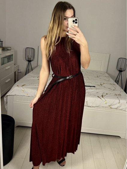 Šaty dlouhé společenské třpytivé s páskem bez rukávu dámské (S/M ONE SIZE) ITALSKá MóDA IMHMS23150/DU (Velikost S/M/L, Barva červená)