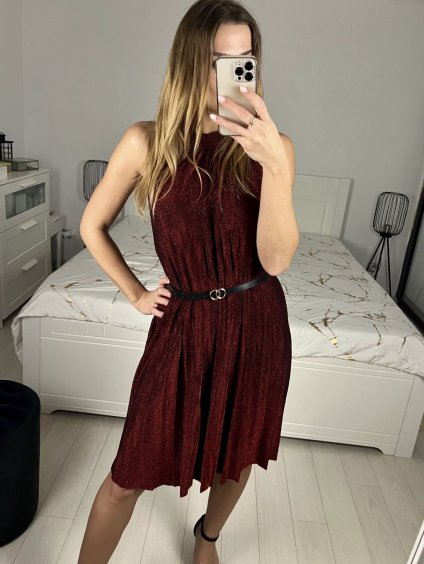 Šaty společenské třpytivé s páskem bez rukávu dámské (S/M ONE SIZE) ITALSKá MóDA IMHMS23153/DU (Velikost S/M/L, Barva červená)