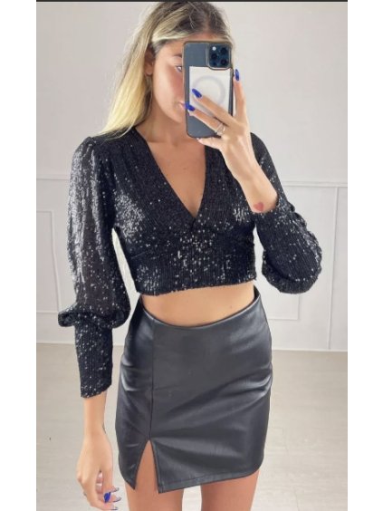 Top croptop třpytivý s flitry dlouhý rukáv dámský (S/M ONE SIZE) ITALSKÁ MÓDA IMPBB22O5200/DUR (Velikost S/M/L, Barva Černá)