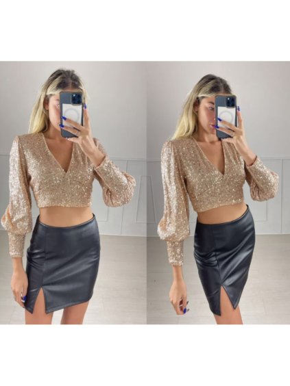 Top croptop třpytivý s flitry dlouhý rukáv dámský (S/M ONE SIZE) ITALSKÁ MÓDA IMPBB22O5200/DUR