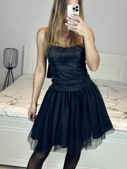 Croptop třpytivý na ramínka dámský (S/M ONE SIZE) ITALSKá MóDA IMHMS230151/DU (Velikost S/M/L, Barva Černá)