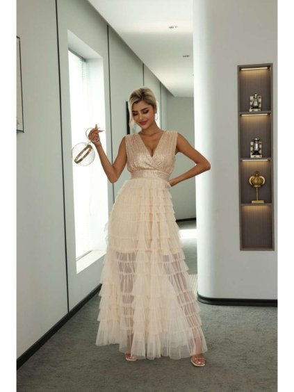 Šaty dlouhé elegantní tylové s flitry bez rukávu dámské (S/M ONE SIZE) ITALSKÁ MÓDA IMPBB23C3051/DU (Velikost S/M/L, Barva zlatá)