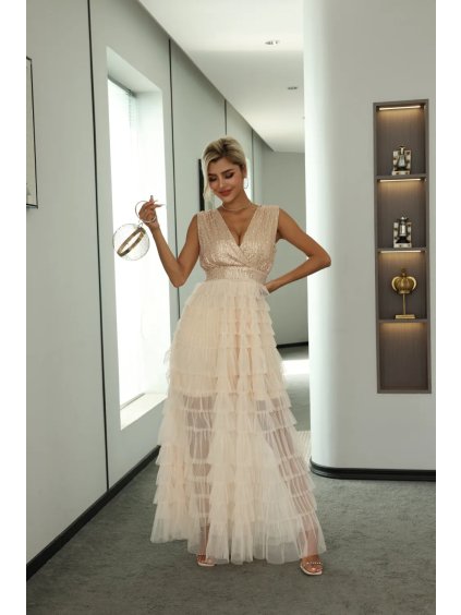 Šaty dlouhé elegantní tylové s flitry bez rukávu dámské (S/M ONE SIZE) ITALSKÁ MÓDA IMPBB23C3051/DU (Velikost S/M/L, Barva zlatá)