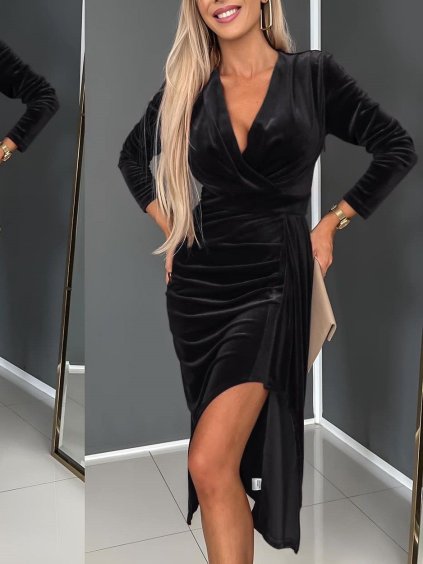 Šaty sametové elegantní dlouhý rukáv dámské (S/M ONE SIZE) ITALSKÁ MÓDA IMD23861/DU (Velikost S/M/L, Barva Černá)