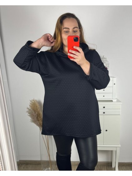 Tunika s kapucí dlouhý rukáv dámské nadrozměr (2XL/3XL/4XL) ITALSKá MóDA IMHMS23MILANO/DUR (Velikost 3XL/4XL, Barva Černá)