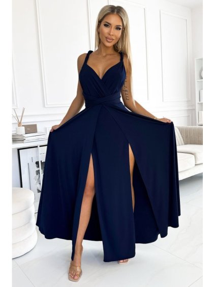 509-1 Elegantní dlouhé šaty se zavazováním na mnoho způsobů - tmavě modrá (Velikost UNI, Barva _barva viz foto)