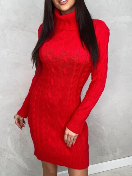 Šaty pletené s rolákem dlouhý rukáv dámské (S/M ONE SIZE) ITALSKÁ MÓDA IMWAE234676/DUR (Velikost S/M/L, Barva červená)