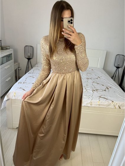 Šaty dlouhé společenské flitrové dlouhý rukáv dámské (S/M ONE SIZE) ITALSKÁ MÓDA IMPGM2324526/DUR (Velikost S/M/L, Barva zelená smaragdová)