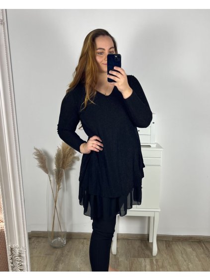 Tunika elegantní třpytivé dlouhý rukáv dámské nadorzměr (2XL/3XL ONE SIZE) ITALSKá MóDA IMC23AMELIA/DUR (Velikost 2XL/3XL, Barva Černá)