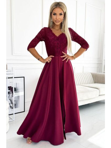 309-9 AMBER elegantní dlouhé maxi šaty s krajkovým výstřihem - vínové (Velikost S, Barva _barva viz foto)