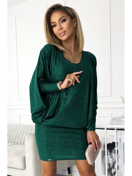 Netopýří šaty s výstřihem - zelené se třpytkami NMC-402-2/DU (Velikost S/M, Barva zelená)