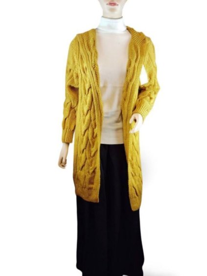 Cardigan pletený dlouhý rukáv dámský nadrozměr (L/XL/2XL ONE SIZE) ITALSKÁ MÓDA IM423455/DR (Velikost XL/2XL, Barva žlutá hořčicová)
