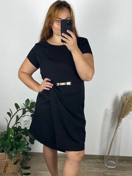 Šaty elegantní společenské krátký rukáv dámské nadrozměr (42-54) POLSKÁ MÓDA PMF22008B/DUR (Velikost 40, Barva Černá)
