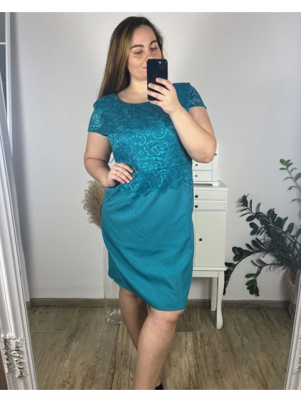 Šaty elegantní společenské bez rukávu dámské nadrozměr (44-54) POLSKÁ MÓDA  PMF22004F/DUR (Velikost 44, Barva tyrkysová)