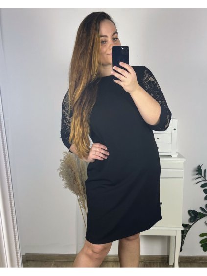 Šaty elegantní společenské 3/4 rukáv dámské nadrozměr (44-56) POLSKÁ MÓDA PMFF24DITA1/DU (Velikost 44, Barva Černá)