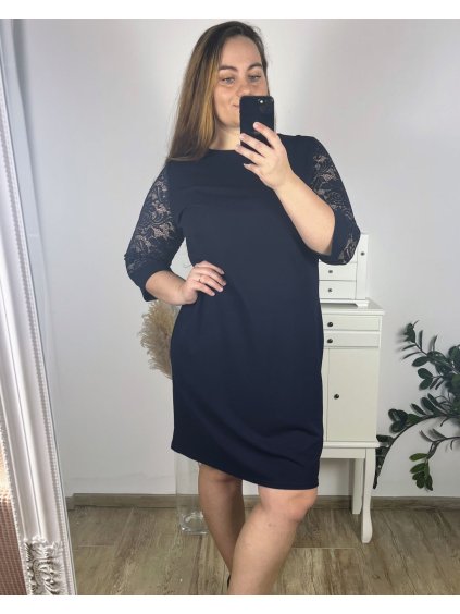 Šaty elegantní společenské 3/4 rukáv dámské nadrozměr (44-56) POLSKÁ MÓDA PMFF24DITA2/DU (Velikost 44, Barva tmavě modrá)