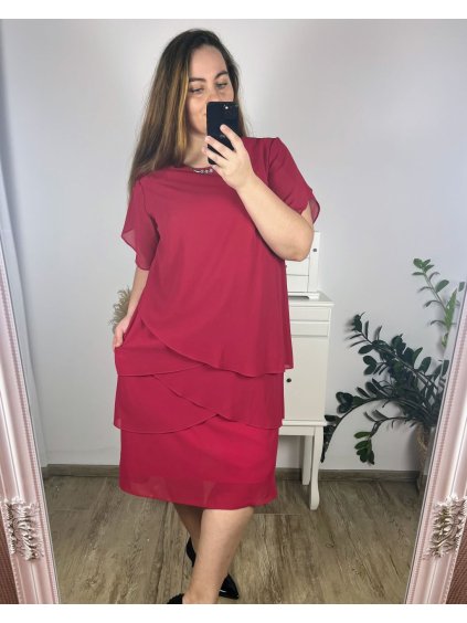 Šaty elegantní společenské 3/4 rukáv dámské nadrozměr (46-54) POLSKÁ MÓDA FMF24LEONA/DU (Velikost 46, Barva růžová)
