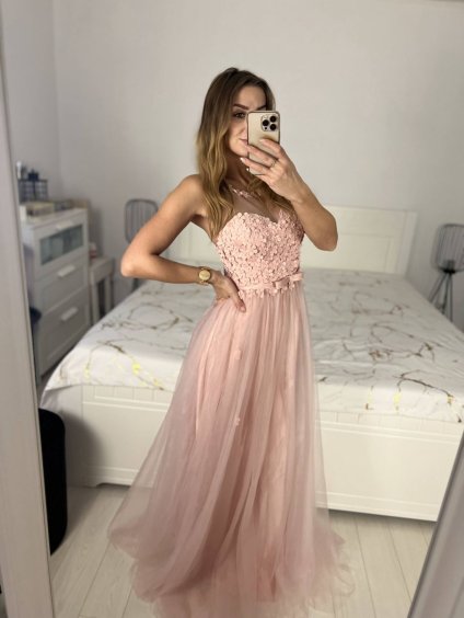 Šaty dlouhé společenské na ramínka dámské (S/M ONE SIZE) ITALSKÁ MÓDA IMM2369871/DU (Velikost S/M/L, Barva růžová)