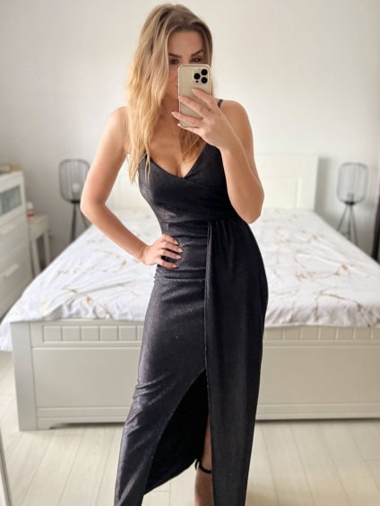 Šaty dlouhé společenské třpytivé na ramínka dámské (S/M ONE SIZE) ITALSKá MODA IM323160/DU (Velikost S/M/L, Barva Černá)
