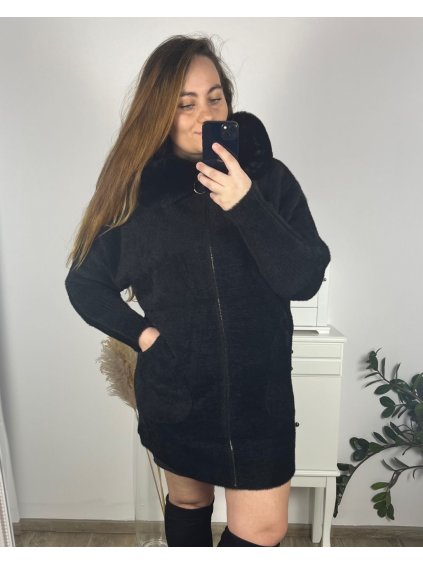 Kabát alpaka s kapucí dlouhý rukáv dámský nadrozměr (2XL/3XL ONE SIZE) ITALSKÁ MÓDA IMWC233248/DUR (Velikost 2XL/3XL, Barva Černá)