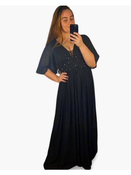 Šaty společenské elegantní plesové dlouhé krátký rukáv dámské (L/XL) FRANCOUZSKÁ MÓDA FMF24KARIN/DU (Velikost L/XL, Barva Černá)