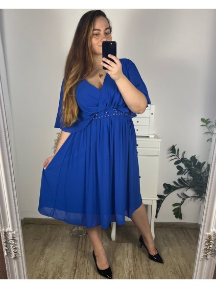 Šaty společenské elegantní plesové krátké krátký rukáv dámské (L/XL/2XL) FRANCOUZSKÁ MÓDA FMF24JOLANA/DU (Velikost XL/2XL, Barva modrá královská)