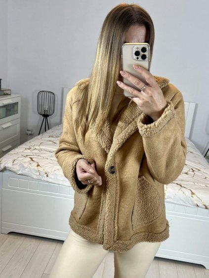 Kabátek zimní s beránkem dámský (L/XL ONE SIZE) ITALSKÁ MÓDA IM423353/DU (Velikost L/XL, Barva béžová)