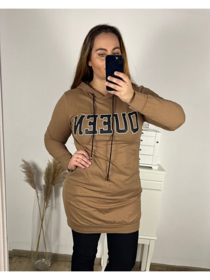 Šaty mikinové s kapucí dlouhý rukáv dámské (M/L/XLONE SIZE) ITALSKÁ MÓDA IMC23359/DR (Velikost L/XL, Barva hnědá camel)