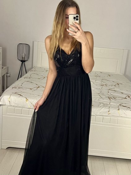 Šaty dlouhé elegantní s flitry na ramínka dámské (S/M ONE SIZE) ITALSKÁ MÓDA IMPMD2329979C/DU (Velikost S/M/L, Barva Černá)