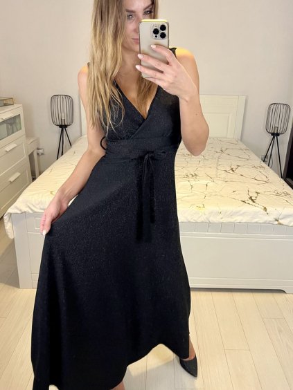 Šaty dlouhé třpytivé společenské na ramínka dámské (S/M/L ONE SIZE) ITALSKÁ MÓDA IMC23501/DUR (Velikost M/L, Barva Černá)