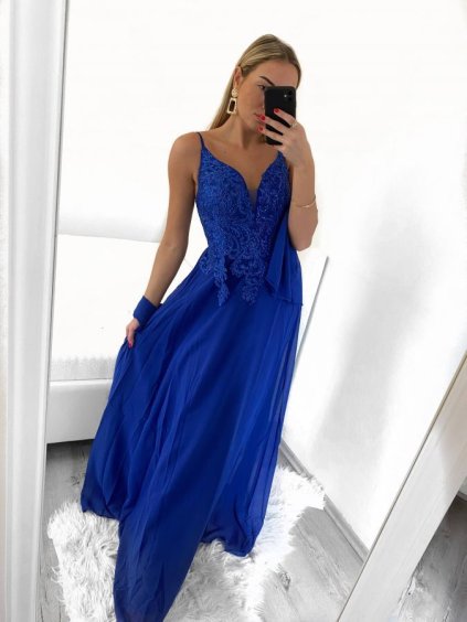 Šaty dlouhé společenské elegantní plesové na ramínka dámské (L/XL ONE SIZE) ITALSKÁ MÓDA IMM22XF-A322/DU (Velikost L/XL, Barva modrá královská)