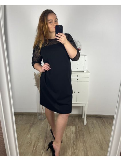 Šaty elegantní dlouhý rukáv dámské nadrozměr (42-50) POLSKÁ MÓDA PMLTR24K-872/DU (Velikost 42, Barva Černá)