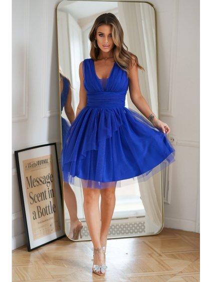 Šaty společenské třpytivé bez rukávu dámské (34-40) POLSKÁ MÓDA PMLBC24270-05 (Velikost 34, Barva modrá)