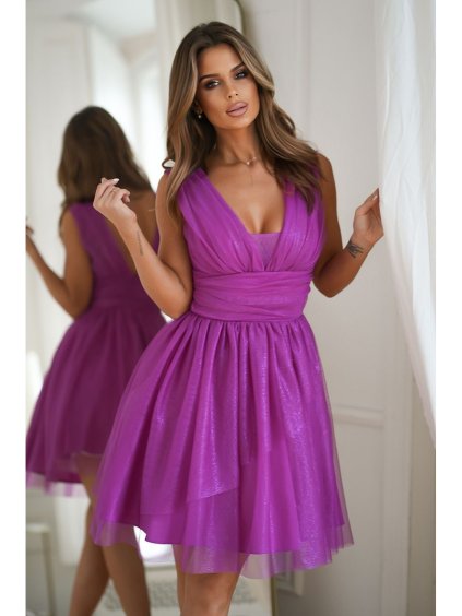 Šaty společenské třpytivé bez rukávu dámské (34-40) POLSKÁ MÓDA PMLBC24270-51 (Velikost 34, Barva fialová)